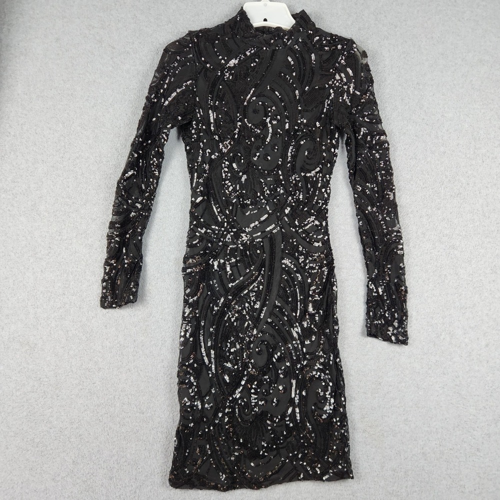 Fashion Nova Bodycon Dress Womens Small Black Sequin Swirl Mock Neck Back Zip